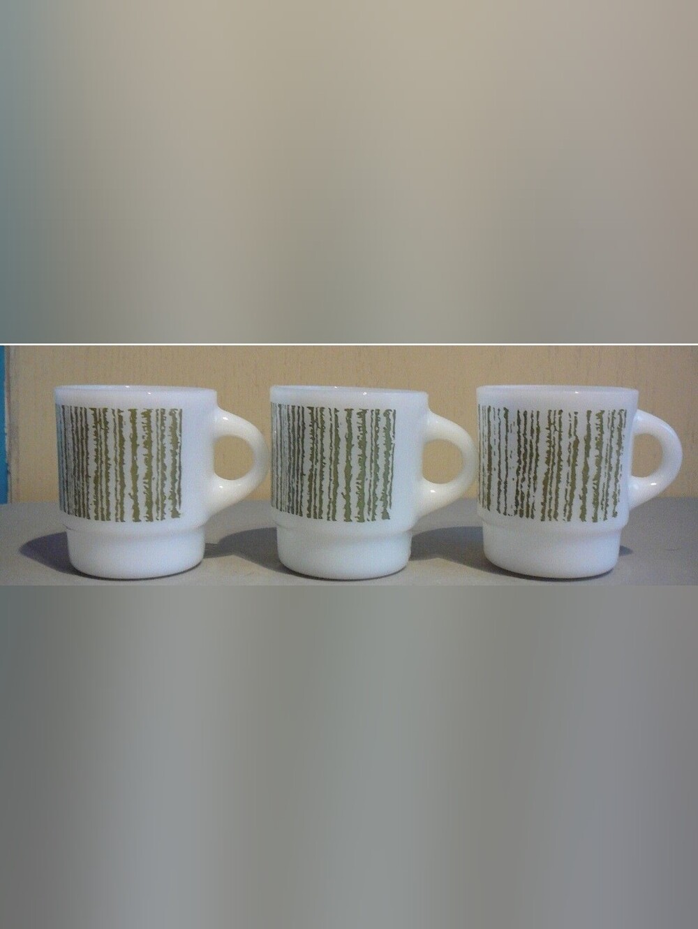 3 Anchor Hocking Fire King Stacking Mugs Cups Green Stripe pattern